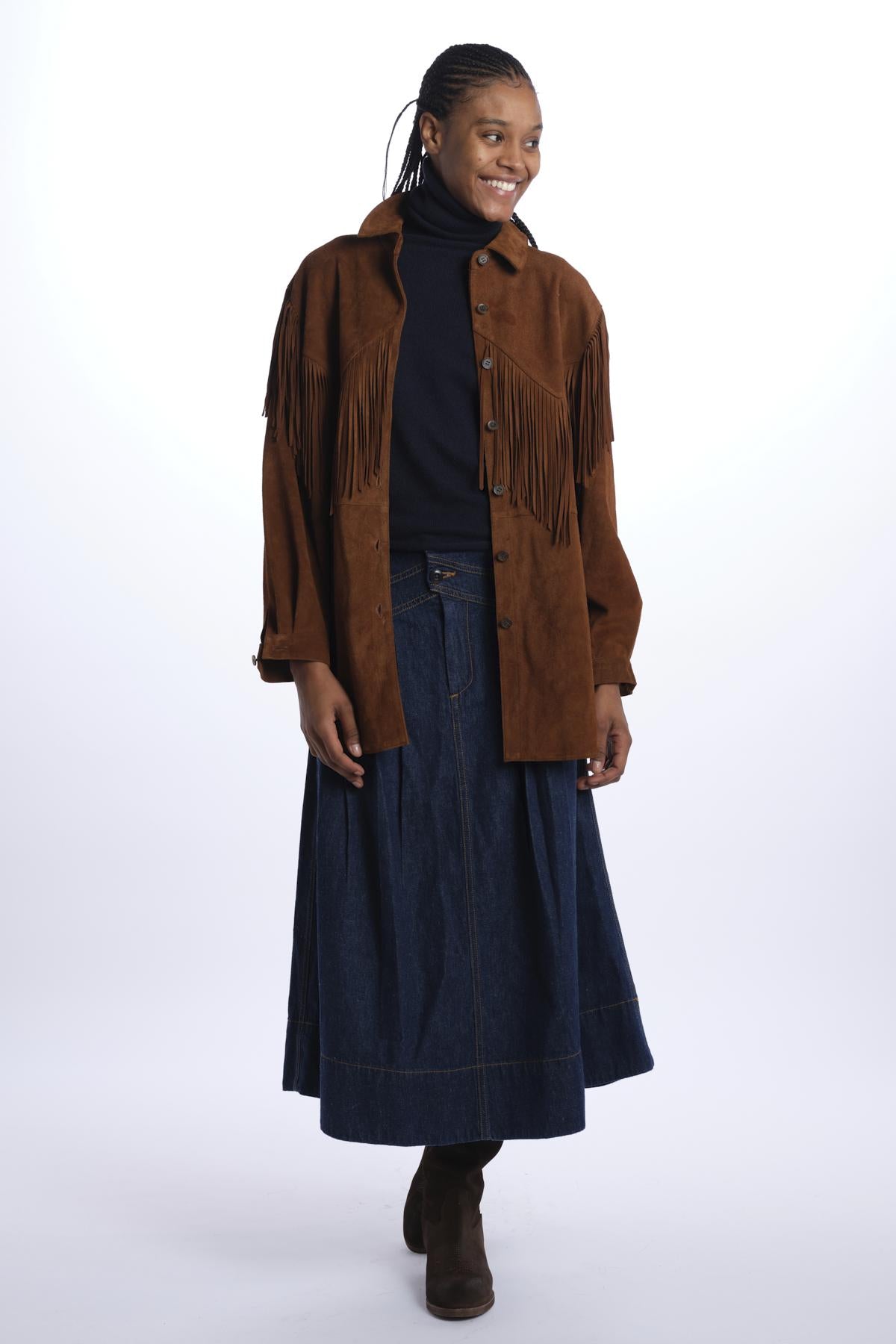 the GREAT THE SUEDE FRINGE SHIRT JACKETCOGNAC